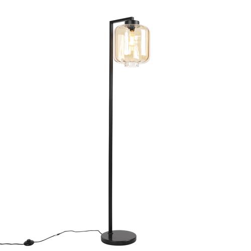 Dizajnová stojaca lampa čierna s jantárovým sklom - Qara Down