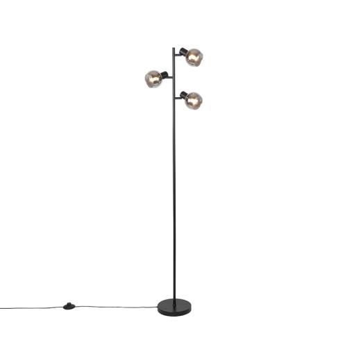 Art Deco stojaca lampa čierna 3-svetlo s dymovým sklom - Vidro