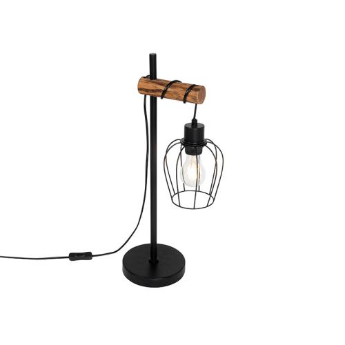 Rustikálna stolná lampa čierna s drevom - Stronk
