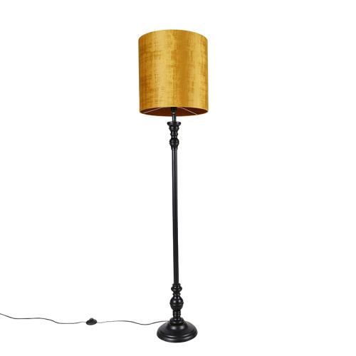 Stojaca lampa čierna so zlatým textilným tienidlom 40 cm - Classico