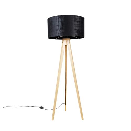 Stojaca lampa drevená s látkovým tienidlom čiernym 50 cm - Tripod Classic