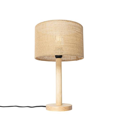 Rustikálna stolná lampa drevo s ľanovým tienidlom prírodná 25 cm - Mels