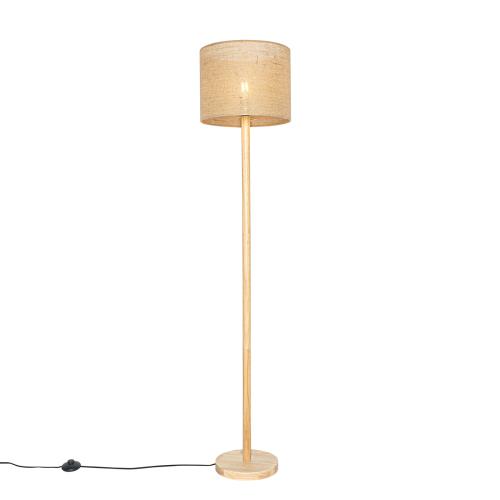 Vidiecka stojaca lampa drevená s ľanovým tienidlom prírodná 32 cm - Mels