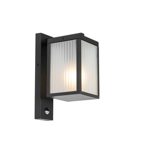 Vonkajšia nástenná lampa čierna s rebrovaným sklom a senzorom pohybu - Charlois