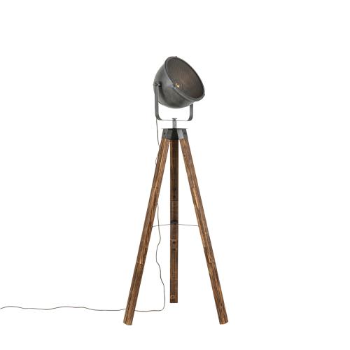 Priemyselná stojaca lampa trojnožka oceľ s dreveným sklonom - Emado