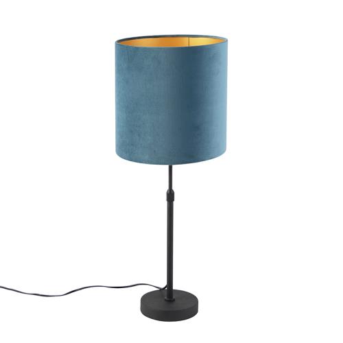 Stolná lampa čierna s modrým zamatovým tienidlom so zlatom 25 cm - Parte
