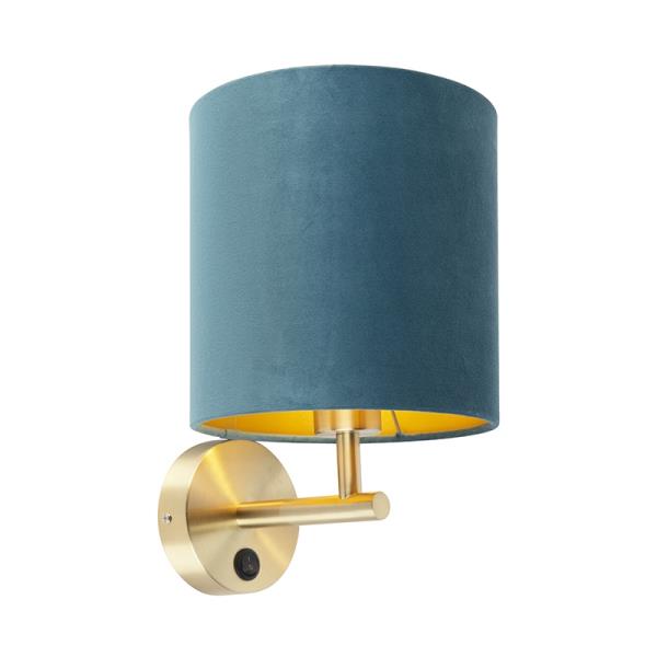 Elegantná nástenná lampa zlatá s modrým zamatovým tienidlom - Matt Elegantná nástenná lampa zlatá s modrým zamatovým tienidlom - Matt